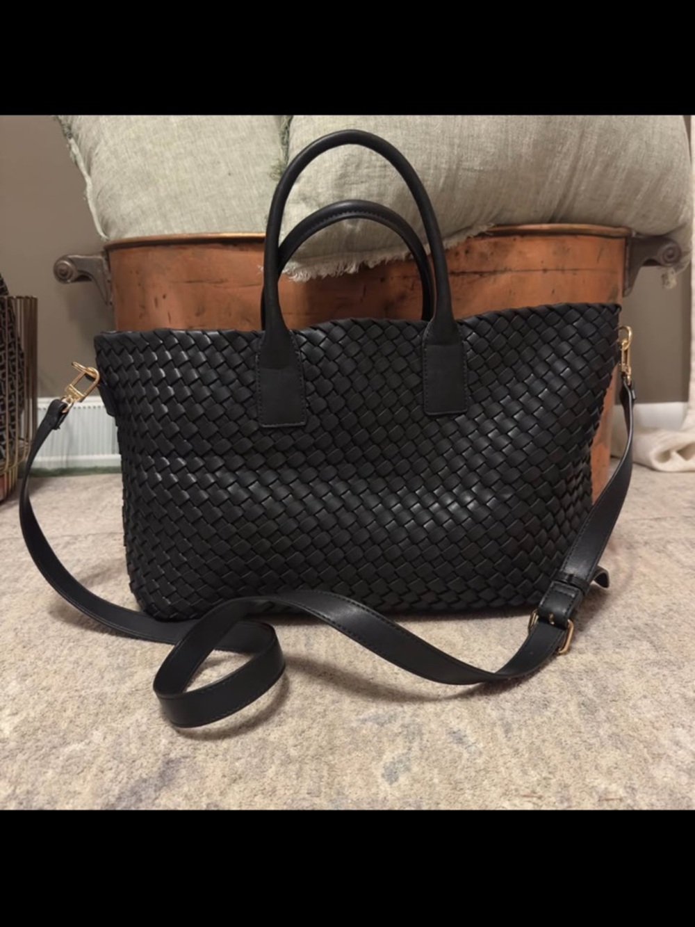 Anne Klein Black Woven Tote with Detachable Shoulder Strap
